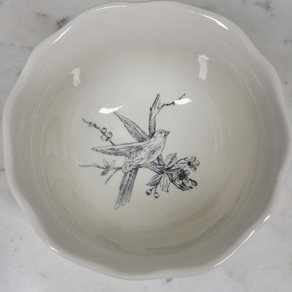 222 Fifth Adelaide Bowl 5.5" Silver Floral Bird White Porcelain Round Scalloped - Picture 5 of 14